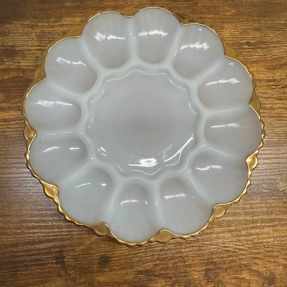 Vintage Milk Glass Deviled Egg Platter Gold Trim Scalloped Edge 12 Slot Server